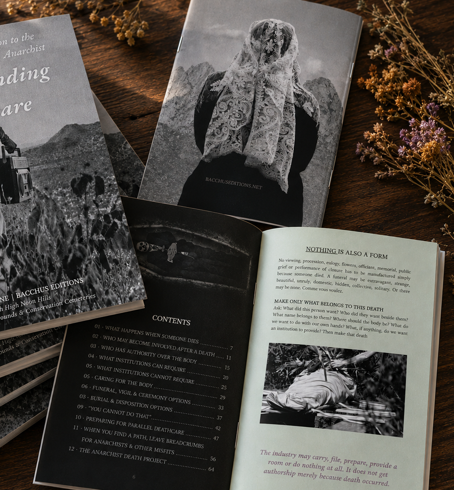 Several copies of Understanding Deathcare, a full-color Parallel Death Library field guide, arranged on a dark walnut table with dried wildflowers and grasses. The front and back covers appear alongside interior pages featuring black-and-white deathcare and burial photography, with sage, cream, and charcoal page designs.